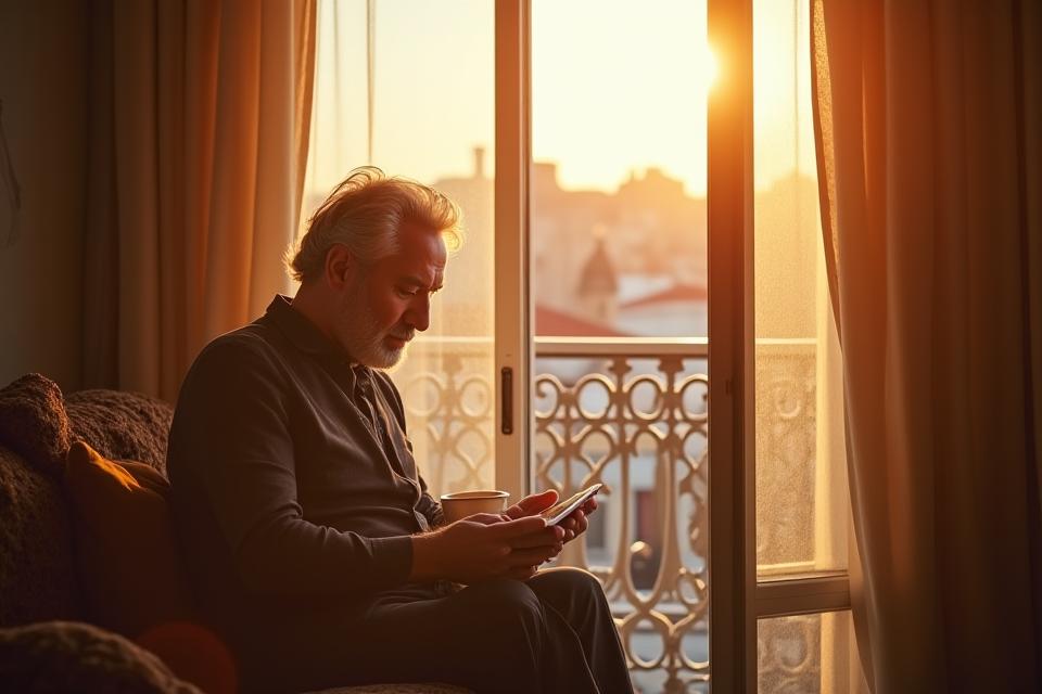 Homem português moderno em um ambiente tradicional de Lisboa, simbolizando a ponte entre valores culturais e o bem-estar contemporâneo.
