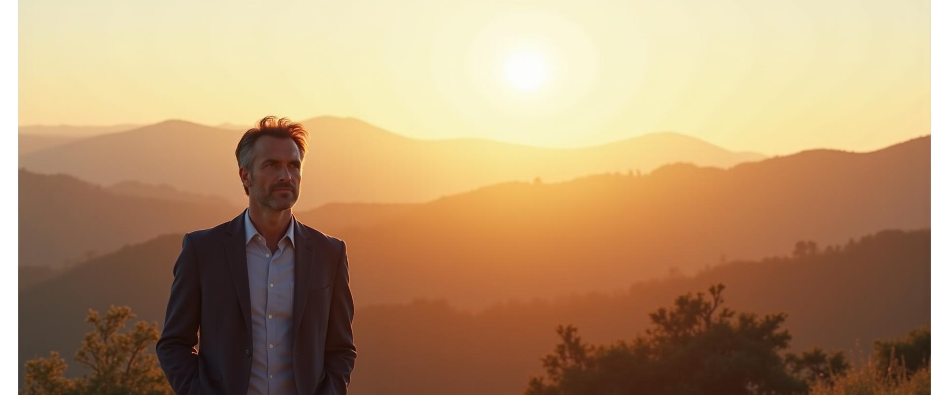 Homem português moderno e confiante, de frente para um horizonte vasto ao amanhecer, simbolizando a redefinição de bem-estar masculino e a força da vulnerabilidade.