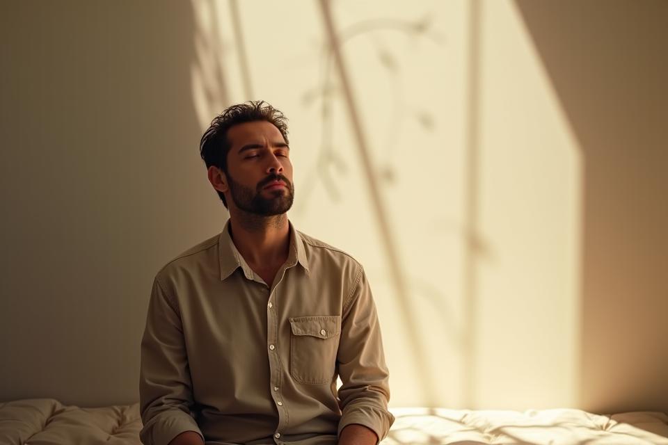 Homem sereno meditando, com cores suaves ao redor, simbolizando a força da saúde emocional masculina.