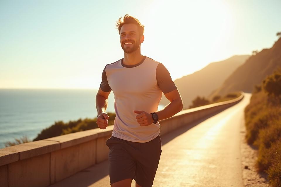 Homem em forma correndo ao ar livre em Portugal, expressando vigor e longevidade.