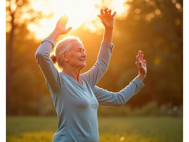 Pessoa idosa e ativa a praticar yoga ao ar livre, mostrando flexibilidade e bem-estar.