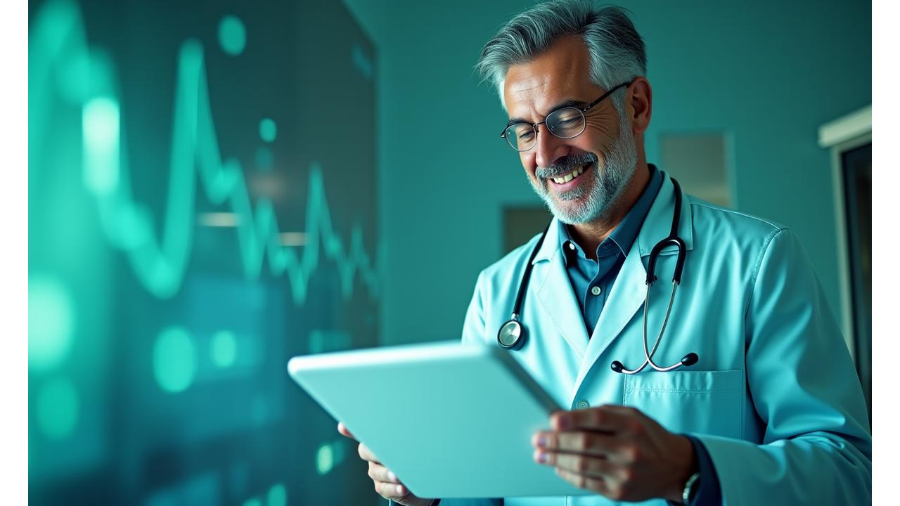 Médico sorridente em consulta digital sobre saúde e bem-estar, com gráficos de dados de saúde ao fundo.