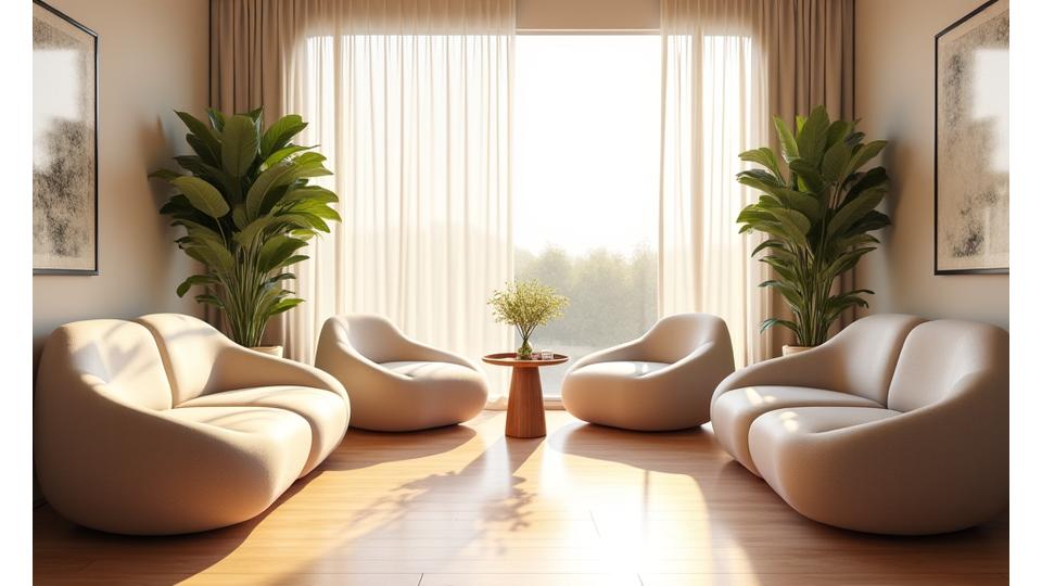 Interior moderno e acolhedor da clínica Serenidade Vital, com luz natural, plantas e mobiliário confortável.