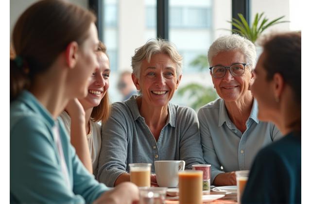 Grupo diversificado de adultos sorrindo em um ambiente comunitário moderno e acolhedor, simbolizando apoio e conexão em Lisboa.