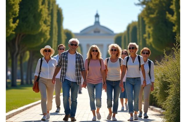 Pessoas sorrindo e caminhando no Parque Eduardo VII em Lisboa, em um dia ensolarado.