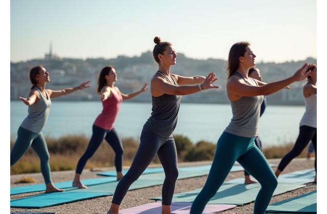 Pessoas praticando Pilates ao ar livre, com o Rio Tejo ao fundo em Lisboa.