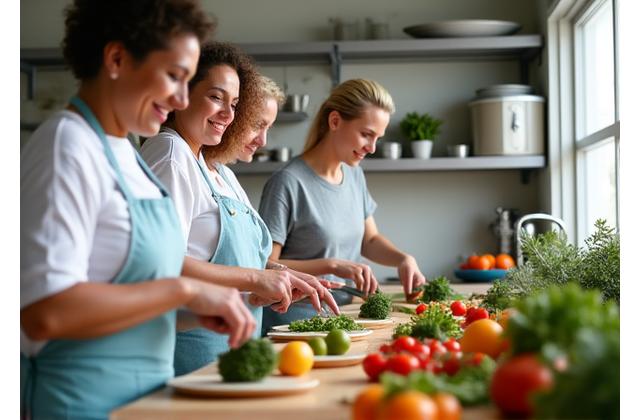 Grupo de adultos preparando juntos uma refeição saudável em uma cozinha moderna.