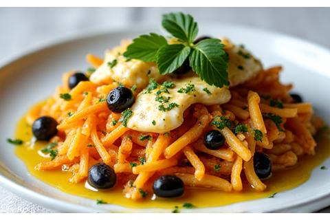 Bacalhau à brás com legumes coloridos e ervas frescas.