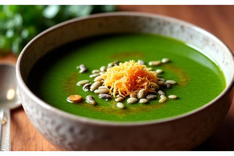 Uma tigela de caldo verde funcional com um toque de azeite e sementes.