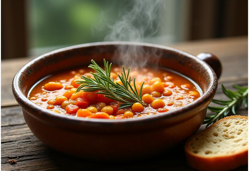 Uma tigela de sopa de legumes portuguesa reconfortante e rica em nutrientes, ilustrando o suporte à imunidade através da alimentação tradicional. Elementos de ervas frescas e pão rústico em volta.