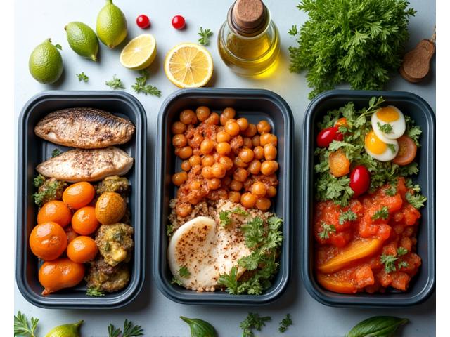 Preparação de várias refeições saudáveis e coloridas, prontas para guardar em recipientes, com ingredientes frescos e típicos da culinária portuguesa, como legumes da estação, peixe e leguminosas.