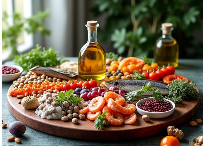 Variedade de superalimentos portugueses, como azeite virgem extra, peixe fresco, leguminosas e frutas da estação, dispostos artisticamente.