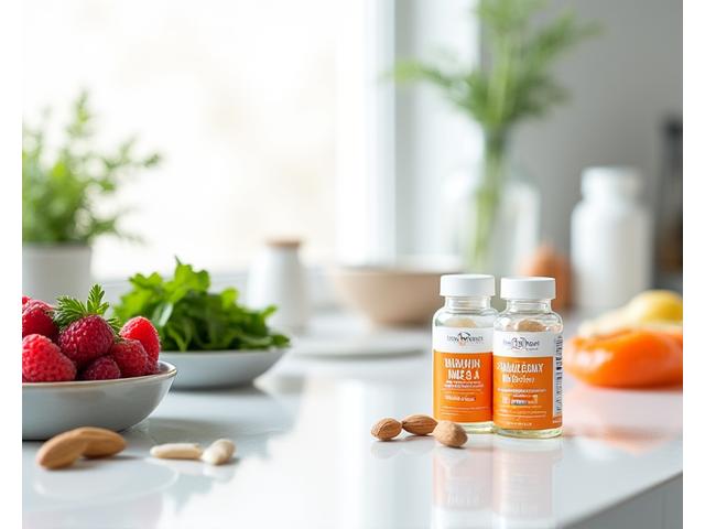 Uma variedade de suplementos nutricionais dispostos de forma organizada, com cápsulas coloridas e pós, ao lado de pratos de comida fresca e saudável. A imagem foca na integração harmoniosa de ambos.