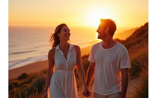 Casal rindo e caminhando de mãos dadas ao pôr do sol, simbolizando uma parceria saudável e feliz.