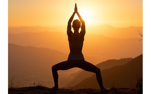 Pessoa energizada a fazer yoga ao nascer do sol, simbolizando vitalidade e equilíbrio.