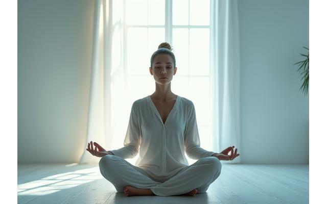 Mulher meditando calmamente, com símbolos de paz e tranquilidade ao redor da cabeça, representando equilíbrio mental.