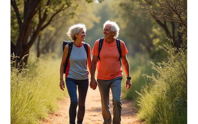 Pessoas mais velhas, com vitalidade, a caminhar numa floresta, simbolizando longevidade e saúde.