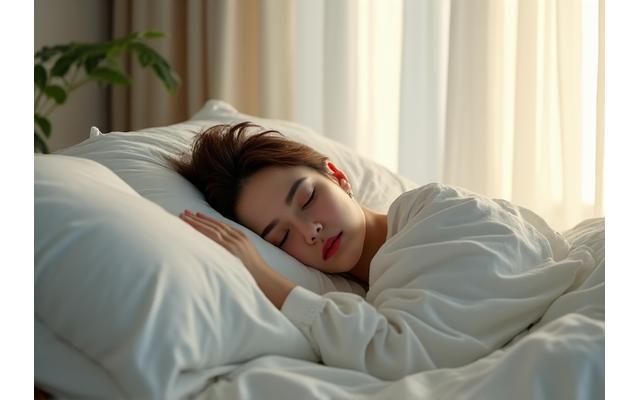 Pessoa a dormir pacificamente numa cama limpa e confortável, com luz suave a entrar pela janela, simbolizando um sono reparador.