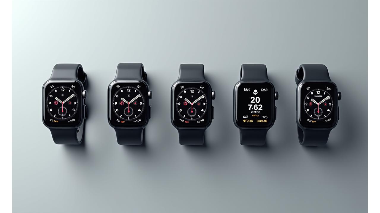 Múltiplos smartwatches e rastreadores de fitness de diferentes marcas, lado a lado, em uma tela de comparação de produtos, destacando suas características.