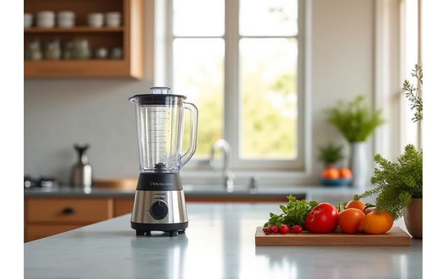 Uma cozinha limpa e moderna com gadgets inteligentes (um liquidificador de alta velocidade, um processador de alimentos) prontos para preparar refeições saudáveis.