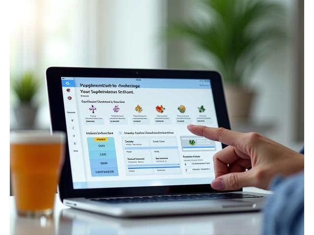 Tabela interativa de suplementos em um tablet, mostrando diferentes vitaminas e seus benefícios para a saúde de adultos.