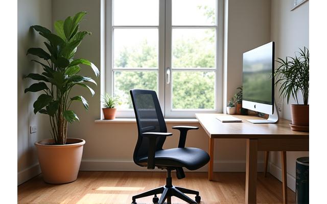 Home office ergonômico e iluminado com monitor ajustável, cadeira de escritório de design moderno e plantas para um ambiente de trabalho saudável.