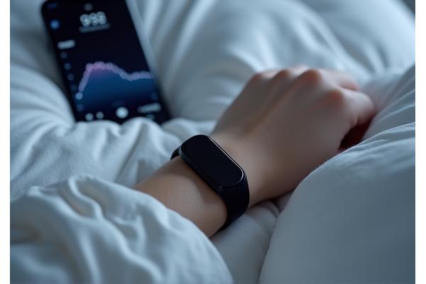 Pulseira de monitoramento de sono elegante em um pulso, com uma interface de aplicativo de sono suave ao fundo.