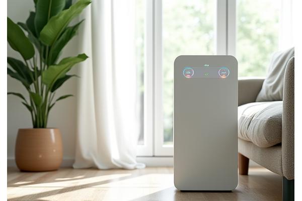 Purificador de ar moderno e minimalista em um ambiente doméstico luminoso com plantas e luz natural.