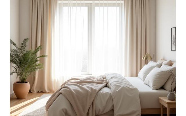 Quarto de dormir tranquilo e minimalista, com abundância de luz natural, plantas e tons neutros inspirando relaxamento.