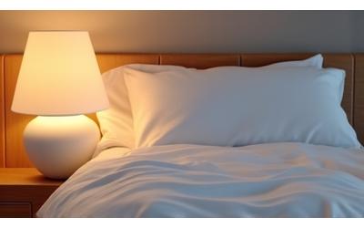 Travesseiro ergonômico e um difusor de aromaterapia ao lado de uma cama arrumada, representando bem-estar e descanso.