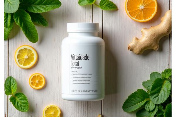 Frasco de suplemento alimentar 'Vitalidade Total' com ingredientes naturais, ao lado de frutas cítricas e folhas verdes.