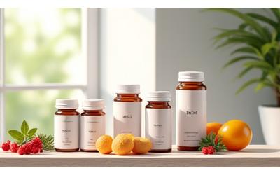 Variedade de suplementos vitamínicos e probióticos em embalagens modernas sobre uma mesa de madeira clara.