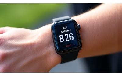 Smartwatch moderno no pulso de uma pessoa ativa, com gráficos de saúde na tela.