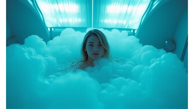 Pessoa em banho de gelo com vapor, em ambiente de spa
