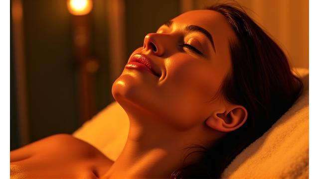 Pessoa relaxando em uma sauna infravermelha com luzes quentes