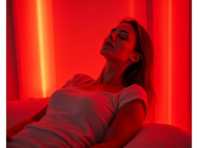 Pessoa recebendo terapia de luz vermelha para recuperação, com cores suaves e ambiente tecnológico.