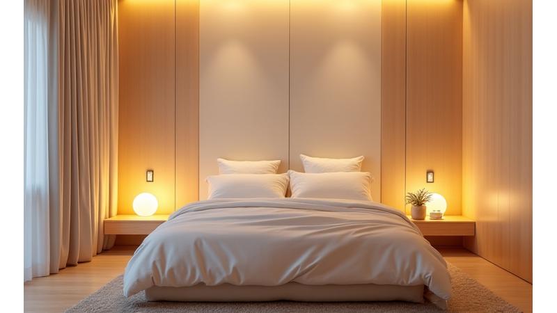 Quarto de dormir otimizado com iluminação suave, cores tranquilas e elementos naturais.