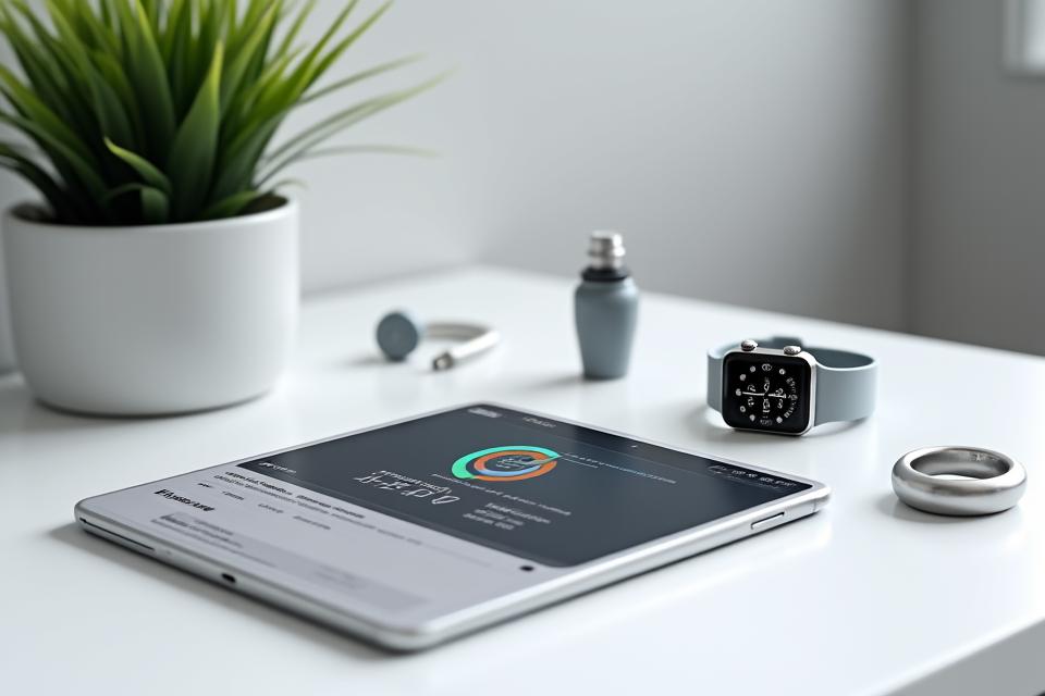 Uma mesa de trabalho moderna com um smartwatch, fones de ouvido sem fio, um anel inteligente e um aplicativo de saúde aberto em um tablet, simbolizando a integração de tecnologia no estilo de vida bem-estar.