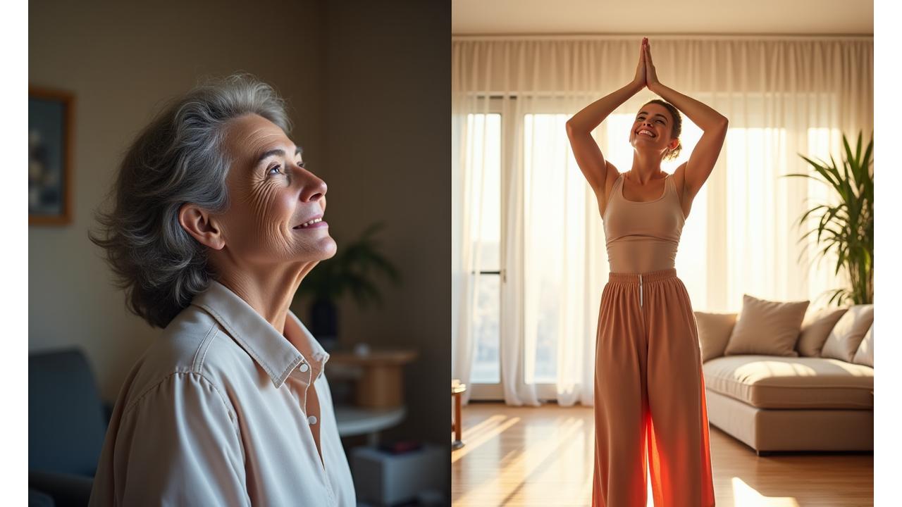 Representação visual de uma pessoa antes e depois de um upgrade de estilo de vida: uma imagem inicial mostra cansaço e desorganização, a segunda com vitalidade e clareza, simbolizando a transformação.