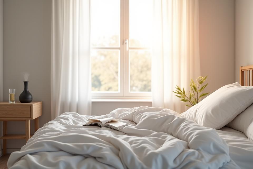 Ambiente de quarto sereno e convidativo, com cama arrumada, luzes suaves e elementos que promovem relaxamento, como plantas e um livro, simbolizando a masterclass do sono.
